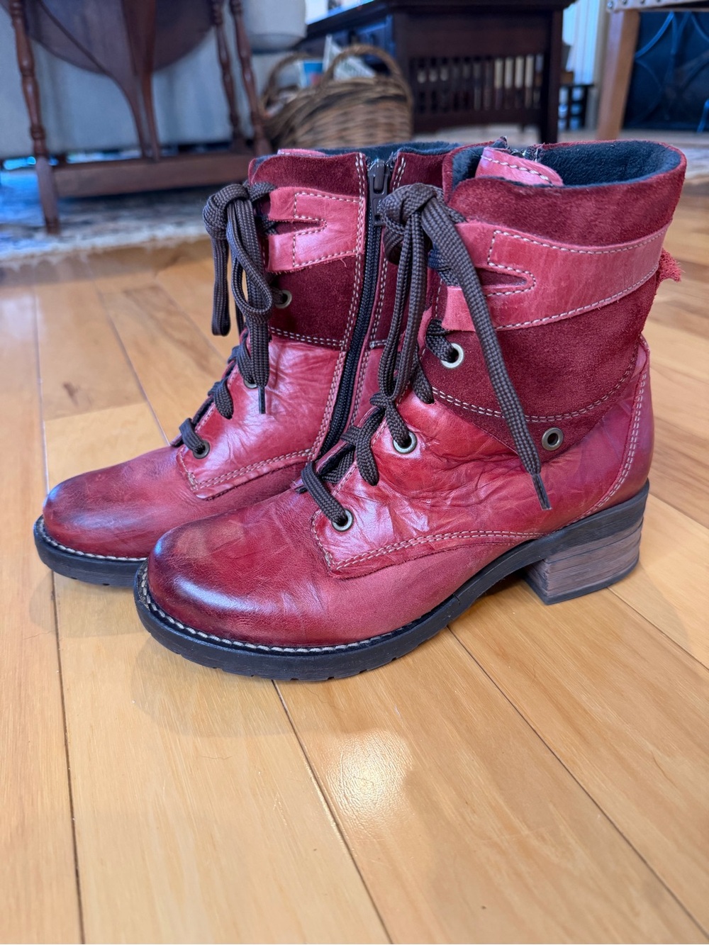 Dromedaris Kara Red Burnished Leather Suede Side Zip Combat Ankle Boots